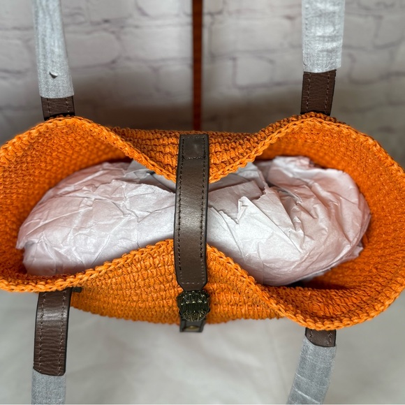 KURT GEIGER Hampton Raffia and Leather Shoulder Tote Bag Orange Brass Eagle Head - Picture 13 of 16